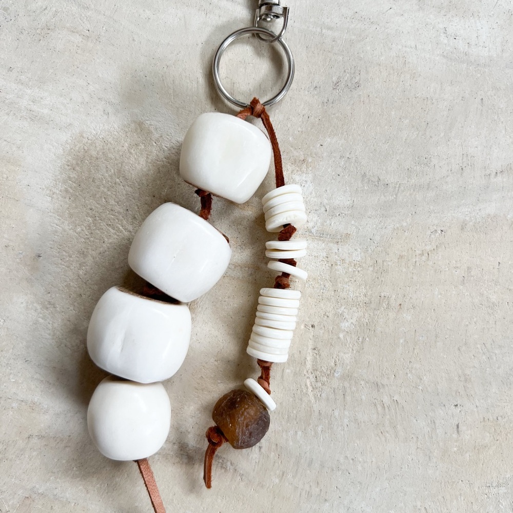 White and Brown Beaded Keychain